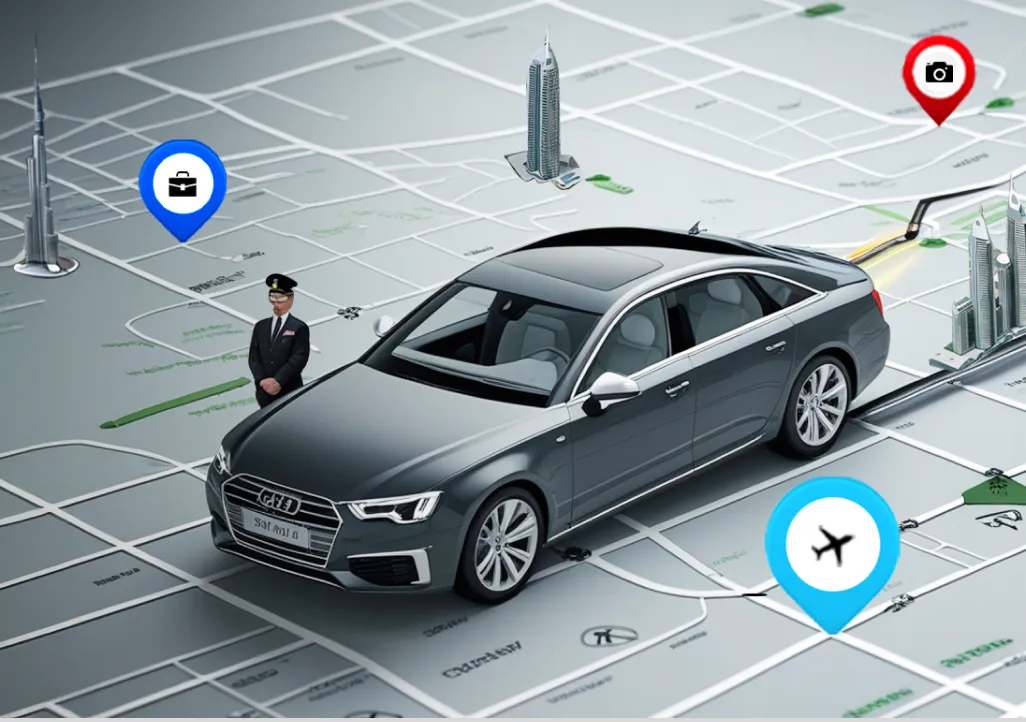 A map graphic with location pins in Dubai. The text features 'Luxury, Convenience, Reliability,' along with a luxury Audi A6 with a chauffeur. There are buttons for 'Call Us Now' and 'WhatsApp,' with the number +97145733533 for chauffeur-driven car rental needs in Dubai.