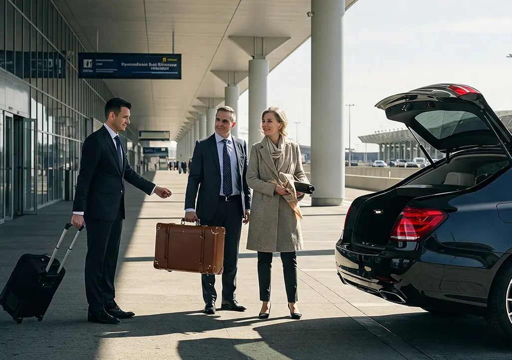 A map graphic with location pins in Dubai. The text features 'Luxury, Convenience, Reliability,' along with a luxury Audi A6 with a chauffeur. There are buttons for 'Call Us Now' and 'WhatsApp,' with the number +97145733533 for chauffeur-driven car rental needs in Dubai.